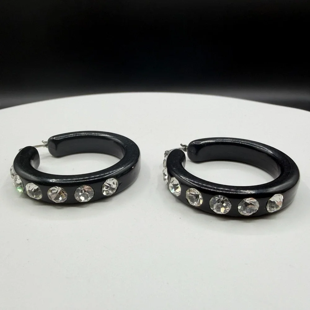 Black Chunky Hoop Earrings Clear Rhinestone Statement Y2K Glam Sparkle Pierced